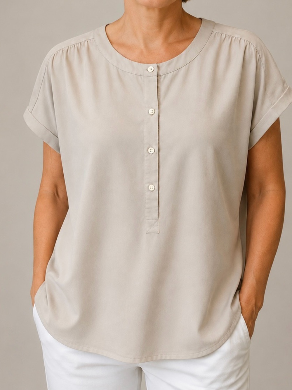 Ann Taylor 100% Linen Light Beige Short Sleeve Henley Blouse M